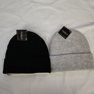 New Christmas shoppe lot of 2 black grey beanie hats #EE2